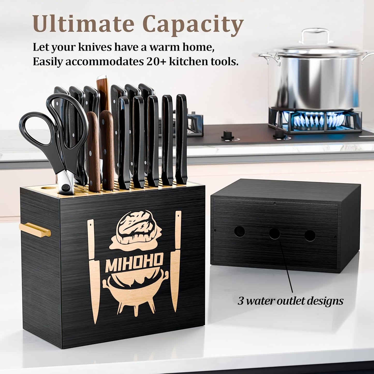 Wood Universal Knife Block with Slots, Wood Knife Holder/Knife Organizer, Unique Knife Storage for Counter Top with Anti-Slip Base (Walnut D)