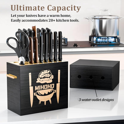 Wood Universal Knife Block with Slots, Wood Knife Holder/Knife Organizer, Unique Knife Storage for Counter Top with Anti-Slip Base (Walnut D)