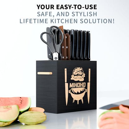 Wood Universal Knife Block with Slots, Wood Knife Holder/Knife Organizer, Unique Knife Storage for Counter Top with Anti-Slip Base (Walnut D)