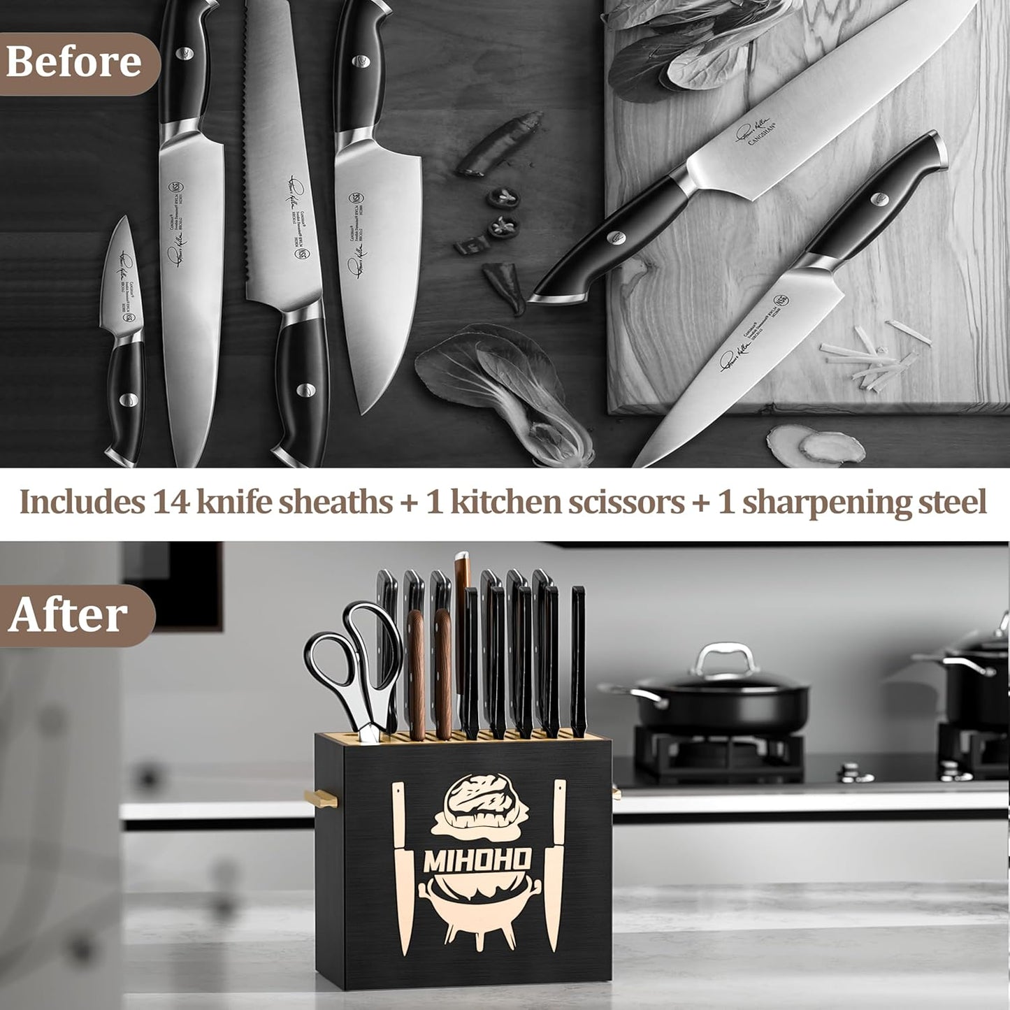 Wood Universal Knife Block with Slots, Wood Knife Holder/Knife Organizer, Unique Knife Storage for Counter Top with Anti-Slip Base (Walnut D)