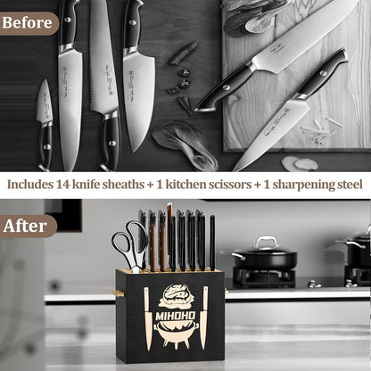 Wood Universal Knife Block with Slots, Wood Knife Holder/Knife Organizer, Unique Knife Storage for Counter Top with Anti-Slip Base (Walnut D)