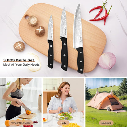 Chef Knife Set 3PCS, Kitchen Knife Set with Cover, Ultra Sharp Kitchen Knife, High-Carbon Chefs Knives with Stainless Steel 8 inch Paring Knife for Cooking, Chopping, Slicing