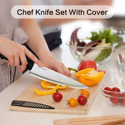 Chef Knife Set 3PCS, Kitchen Knife Set with Cover, Ultra Sharp Kitchen Knife, High-Carbon Chefs Knives with Stainless Steel 8 inch Paring Knife for Cooking, Chopping, Slicing