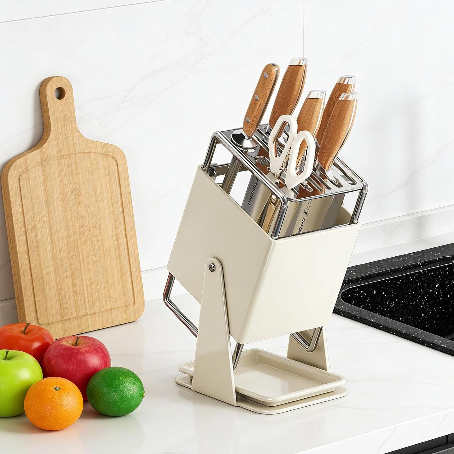 Knife Block Kitchen Knife Holder without Knives Stainless Steel for Restaurant Cooking, White