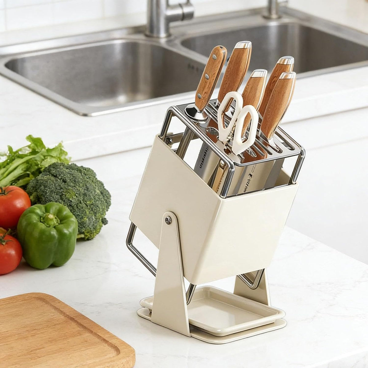 Knife Block Kitchen Knife Holder without Knives Stainless Steel for Restaurant Cooking, White