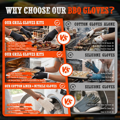 BBQ Gloves 50 Disposable nitrile Gloves with 2 Reusable Cotton Liners Guantes for Cooking Food Prep,Powder Latex Free,Heat Resistant for Grilling, Barbecue, Smoker Guante Heat Froof for Men - XLarge