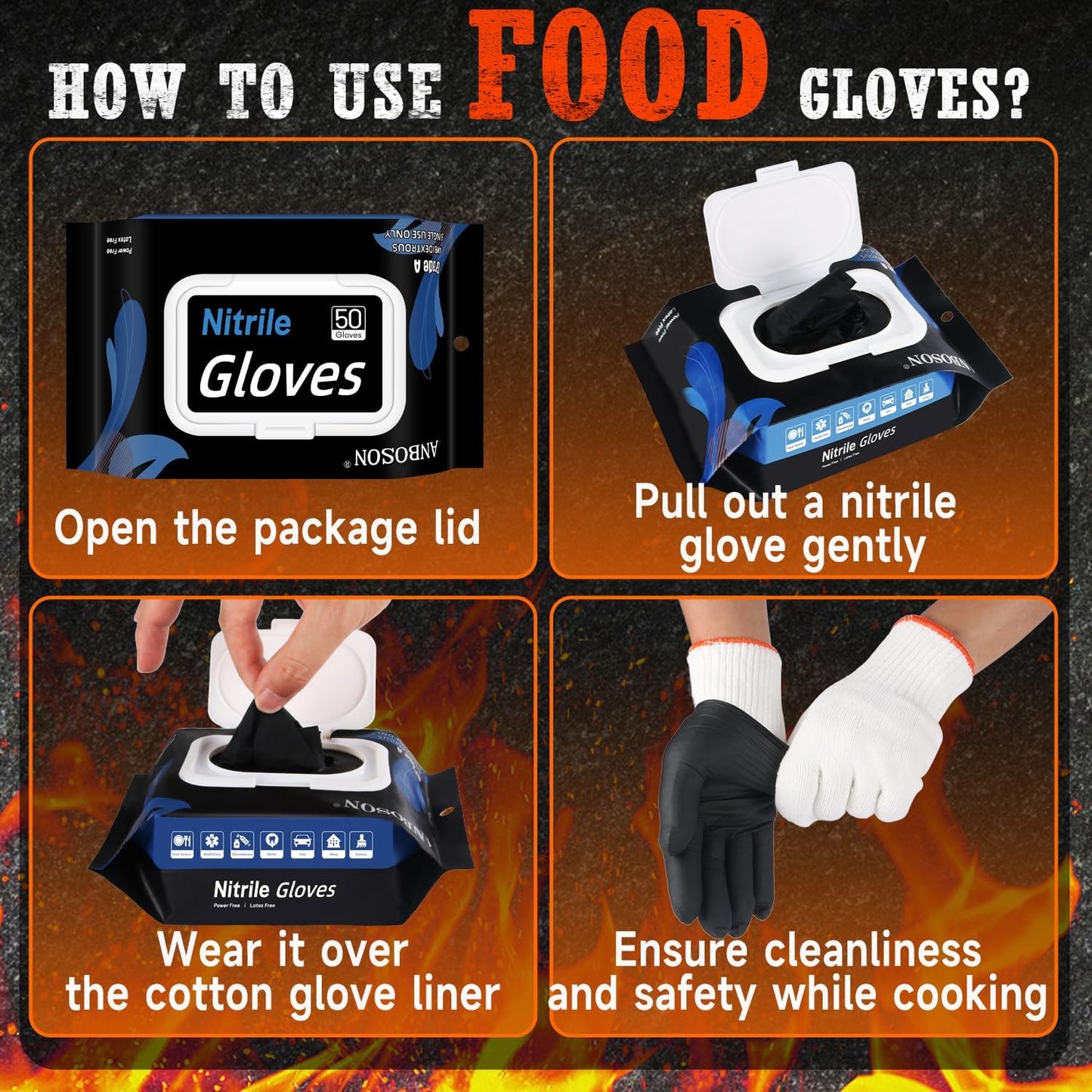 BBQ Gloves 50 Disposable nitrile Gloves with 2 Reusable Cotton Liners Guantes for Cooking Food Prep,Powder Latex Free,Heat Resistant for Grilling, Barbecue, Smoker Guante Heat Froof for Men - XLarge
