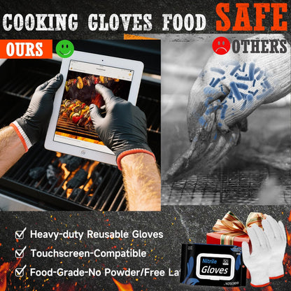 BBQ Gloves 50 Disposable nitrile Gloves with 2 Reusable Cotton Liners Guantes for Cooking Food Prep,Powder Latex Free,Heat Resistant for Grilling, Barbecue, Smoker Guante Heat Froof for Men - XLarge