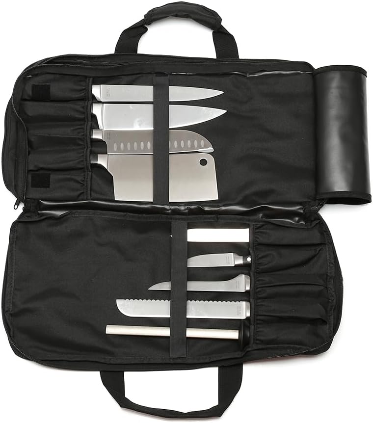 4 Sections - Black - Chef Knife Bag, 20 Knife Slots, 4 Storage Compartments, Professional Culinary Case with Shoulder Strap, Black, Laptop/Tablet Padded Slot - Knives Not Included