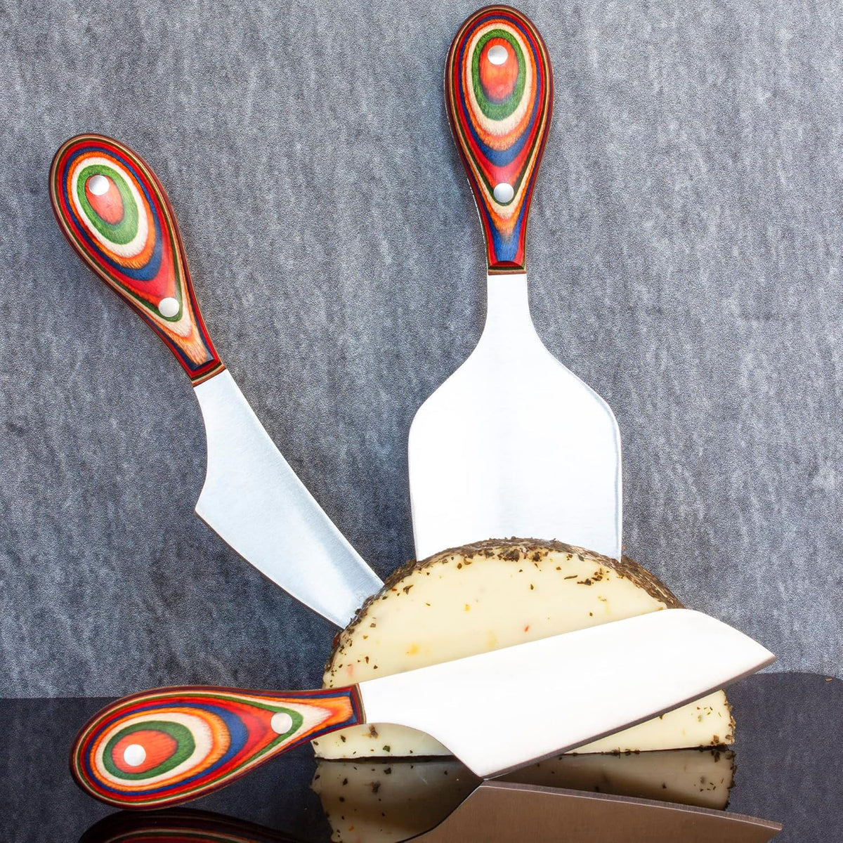 Baltique Marrakesh Collection 3-Piece Cheese Knife Set, Stainless Steel Cheese Knives with Colorful Wooden Handles for Charcuterie Boards