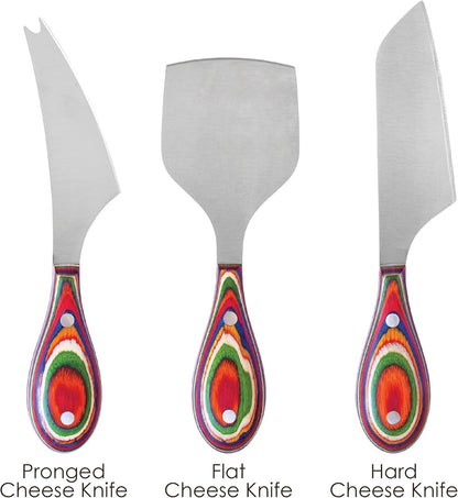 Baltique Marrakesh Collection 3-Piece Cheese Knife Set, Stainless Steel Cheese Knives with Colorful Wooden Handles for Charcuterie Boards