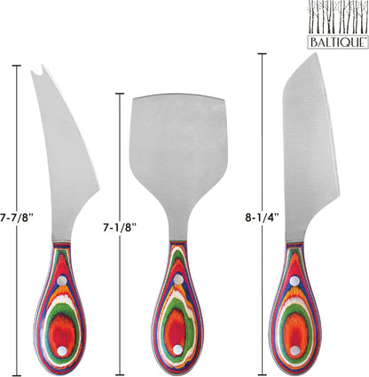 Baltique Marrakesh Collection 3-Piece Cheese Knife Set, Stainless Steel Cheese Knives with Colorful Wooden Handles for Charcuterie Boards