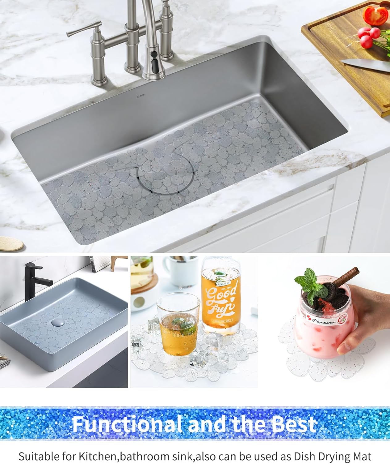 Pebble Sink Mat for Stainless Steel/Ceramic Sinks, PVC Eco-Friendly Sink Protectors Mats for Bottom of Kitchen Sink, Dish Drying Mat for Dishes and Glassware, 15.7 x 11.8 inch, Blue