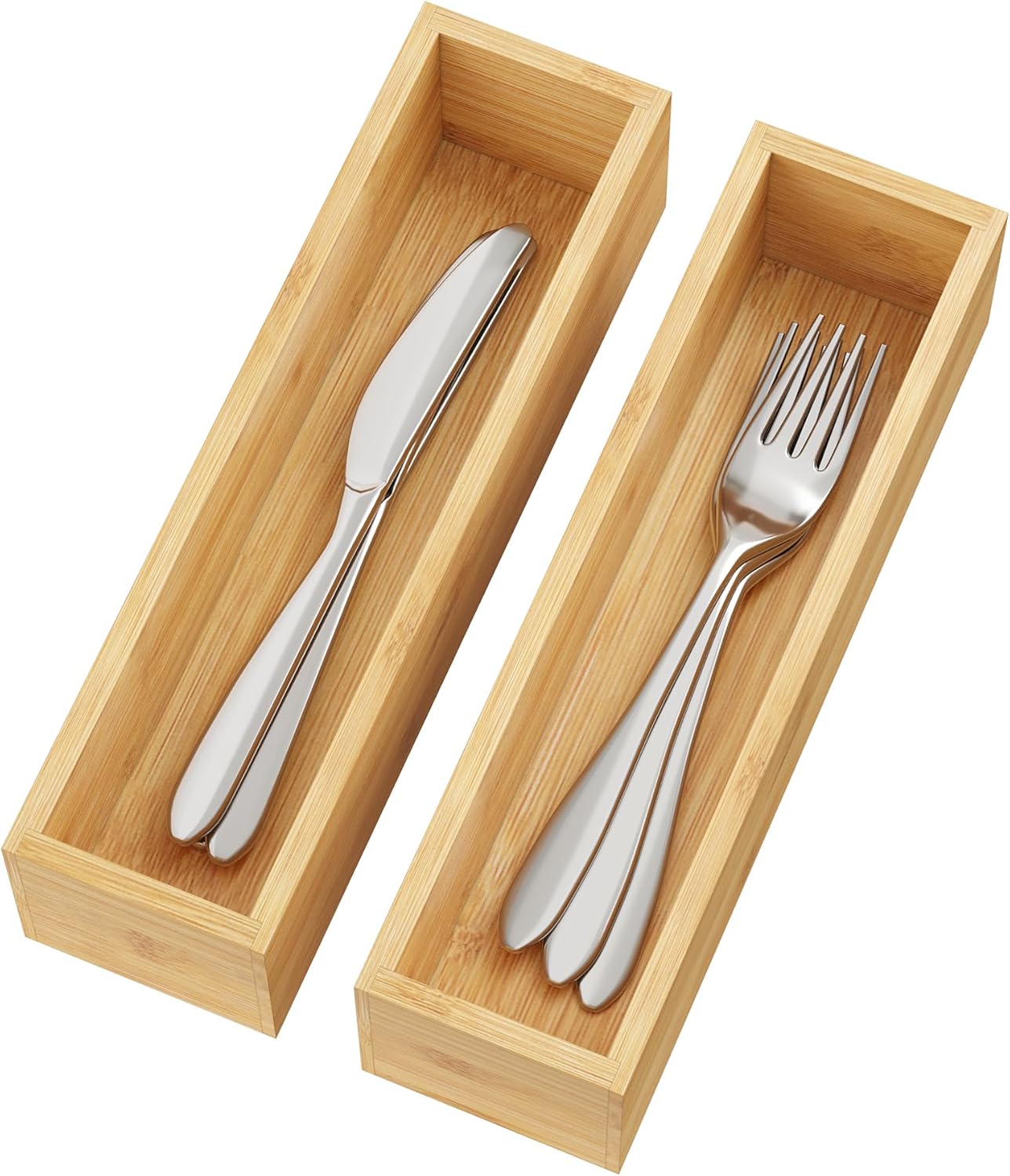 Kitchen Drawer Organizer,Small Silverware Drawer Organizer,Bamboo Utensil Organizer for Bathroom, Dressing Room, Office, Pantry (Natural, 11"x 3") Set of 2