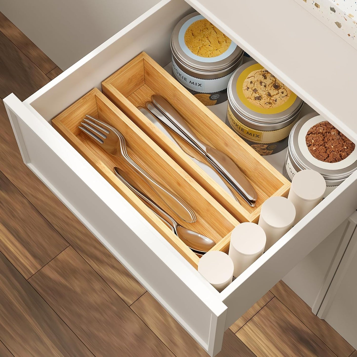 Kitchen Drawer Organizer,Small Silverware Drawer Organizer,Bamboo Utensil Organizer for Bathroom, Dressing Room, Office, Pantry (Natural, 11"x 3") Set of 2