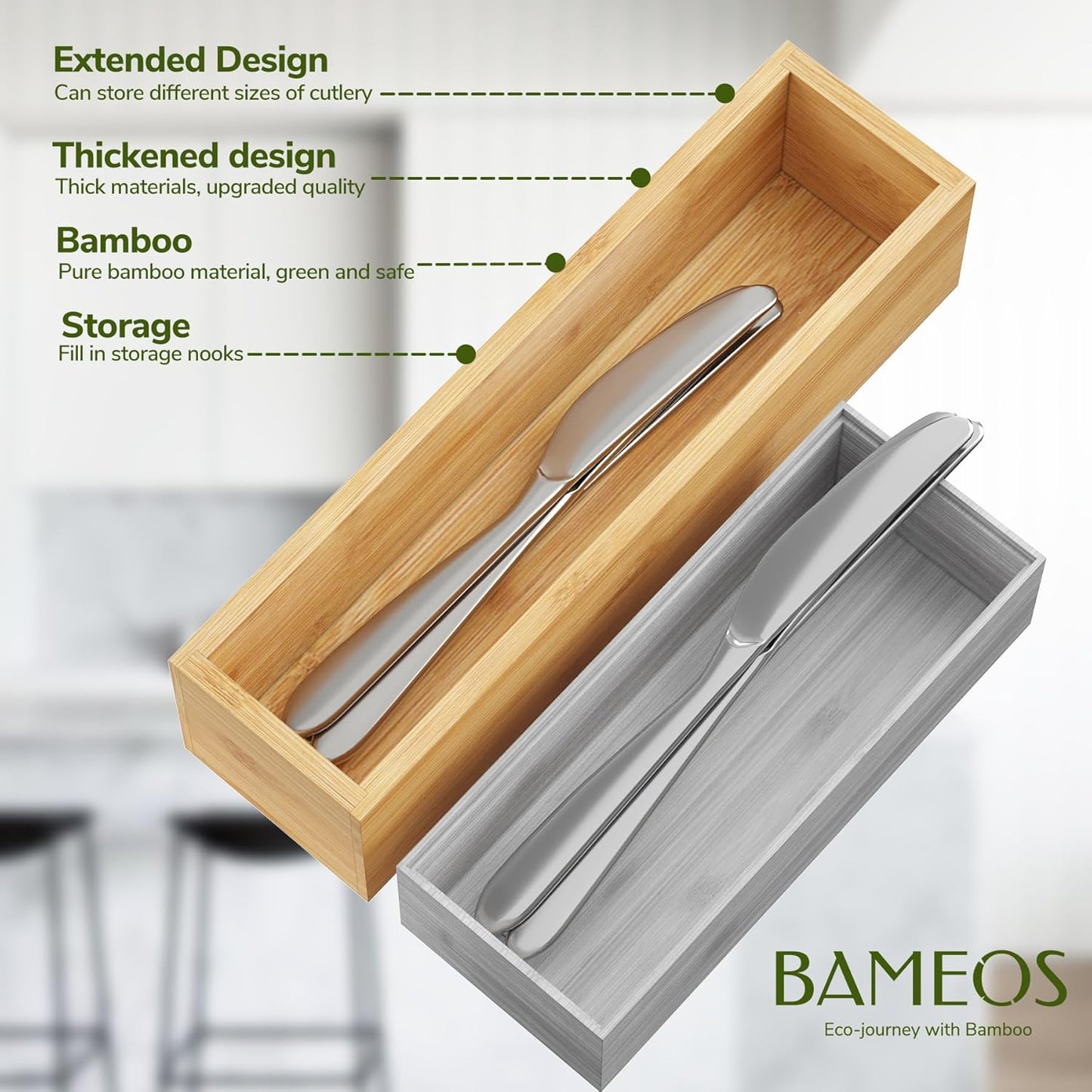 Kitchen Drawer Organizer,Small Silverware Drawer Organizer,Bamboo Utensil Organizer for Bathroom, Dressing Room, Office, Pantry (Natural, 11"x 3") Set of 2