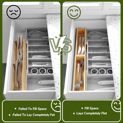 Kitchen Drawer Organizer,Small Silverware Drawer Organizer,Bamboo Utensil Organizer for Bathroom, Dressing Room, Office, Pantry (Natural, 11"x 3") Set of 2