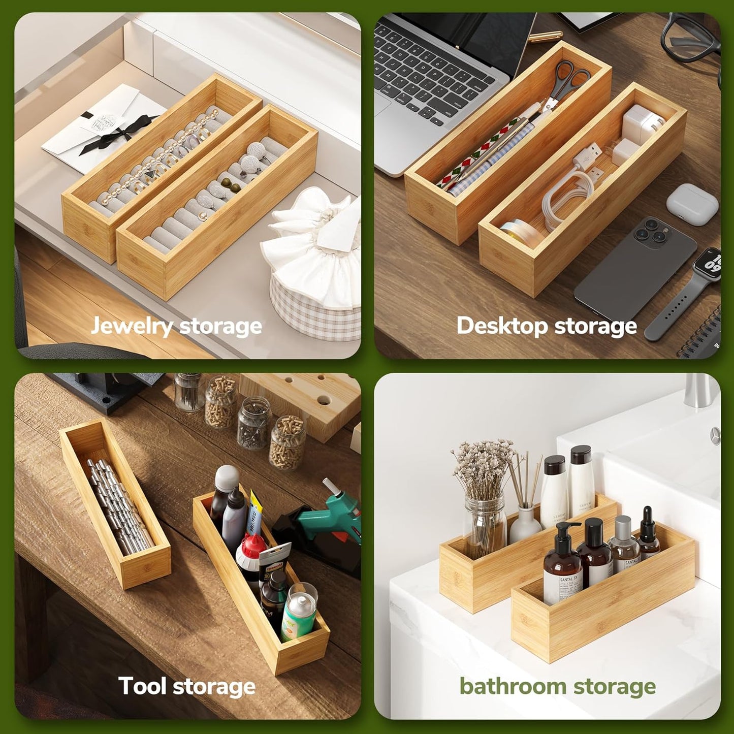 Kitchen Drawer Organizer,Small Silverware Drawer Organizer,Bamboo Utensil Organizer for Bathroom, Dressing Room, Office, Pantry (Natural, 11"x 3") Set of 2