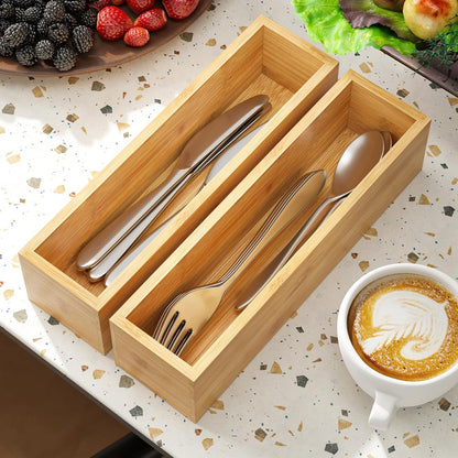 Kitchen Drawer Organizer,Small Silverware Drawer Organizer,Bamboo Utensil Organizer for Bathroom, Dressing Room, Office, Pantry (Natural, 11"x 3") Set of 2
