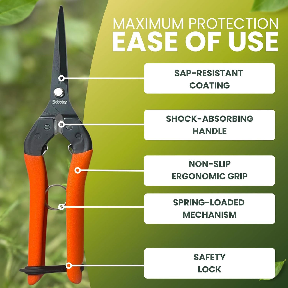 Saboten 7.9" Professional Japanese Harvesting Shears, Straight Precision Blade, Black Fluorine-Coated Stainless Steel, Spring-Loaded, Shock-Absorbing Grip, Safety Lock, Made in Japan