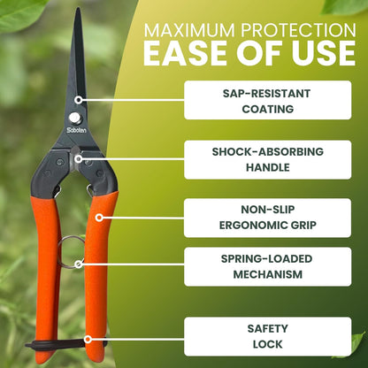 Saboten 7.9" Professional Japanese Harvesting Shears, Straight Precision Blade, Black Fluorine-Coated Stainless Steel, Spring-Loaded, Shock-Absorbing Grip, Safety Lock, Made in Japan