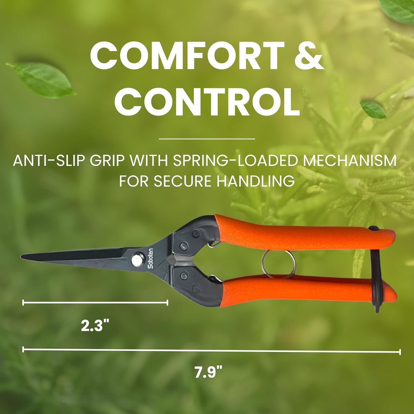Saboten 7.9" Professional Japanese Harvesting Shears, Straight Precision Blade, Black Fluorine-Coated Stainless Steel, Spring-Loaded, Shock-Absorbing Grip, Safety Lock, Made in Japan