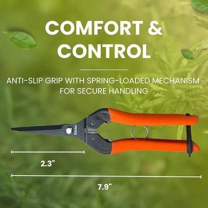 Saboten 7.9" Professional Japanese Harvesting Shears, Straight Precision Blade, Black Fluorine-Coated Stainless Steel, Spring-Loaded, Shock-Absorbing Grip, Safety Lock, Made in Japan