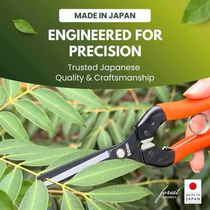Saboten 7.9" Professional Japanese Harvesting Shears, Straight Precision Blade, Black Fluorine-Coated Stainless Steel, Spring-Loaded, Shock-Absorbing Grip, Safety Lock, Made in Japan