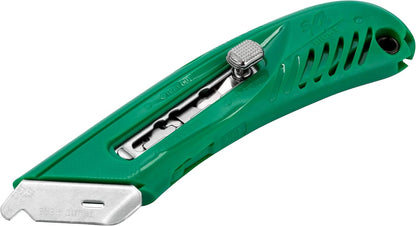 S4R Safety Cutter, Retractable Utility Knife with an Ergonomical Design, Bladeless Tape Splitter, Steel Guard for Safety and Damage Protection, for Warehouse and In-Store Cutting , Green