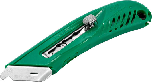 S4R Safety Cutter, Retractable Utility Knife with an Ergonomical Design, Bladeless Tape Splitter, Steel Guard for Safety and Damage Protection, for Warehouse and In-Store Cutting , Green