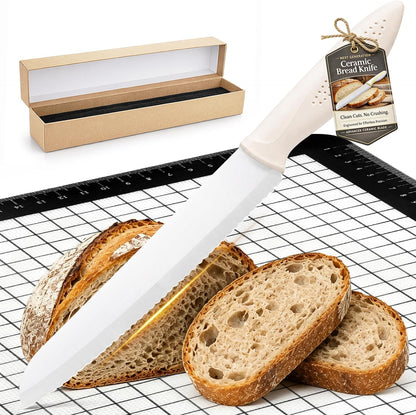 Ceramic Bread Knife and Baking Pad for Homemade Sourdough, 7.6" Zirconia Serrated Bread Slicer Set with Blade Cover, Rust-Proof, Ultra-Lightweight, Crumb-Free Slices for Artisan Loaves