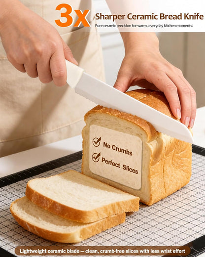 Ceramic Bread Knife and Baking Pad for Homemade Sourdough, 7.6" Zirconia Serrated Bread Slicer Set with Blade Cover, Rust-Proof, Ultra-Lightweight, Crumb-Free Slices for Artisan Loaves