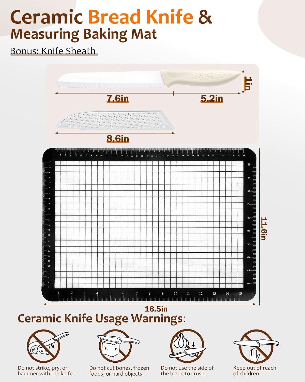 Ceramic Bread Knife and Baking Pad for Homemade Sourdough, 7.6" Zirconia Serrated Bread Slicer Set with Blade Cover, Rust-Proof, Ultra-Lightweight, Crumb-Free Slices for Artisan Loaves
