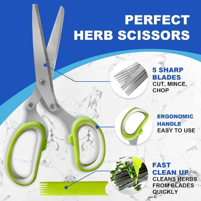 Herb Scissors, Shallot Scissors, Multipurpose 5 Blade Kitchen Herb Shears, Herb Cutter with Safety Cover and Cleaning Comb for Chopping Shallot Basil Chive Parsley