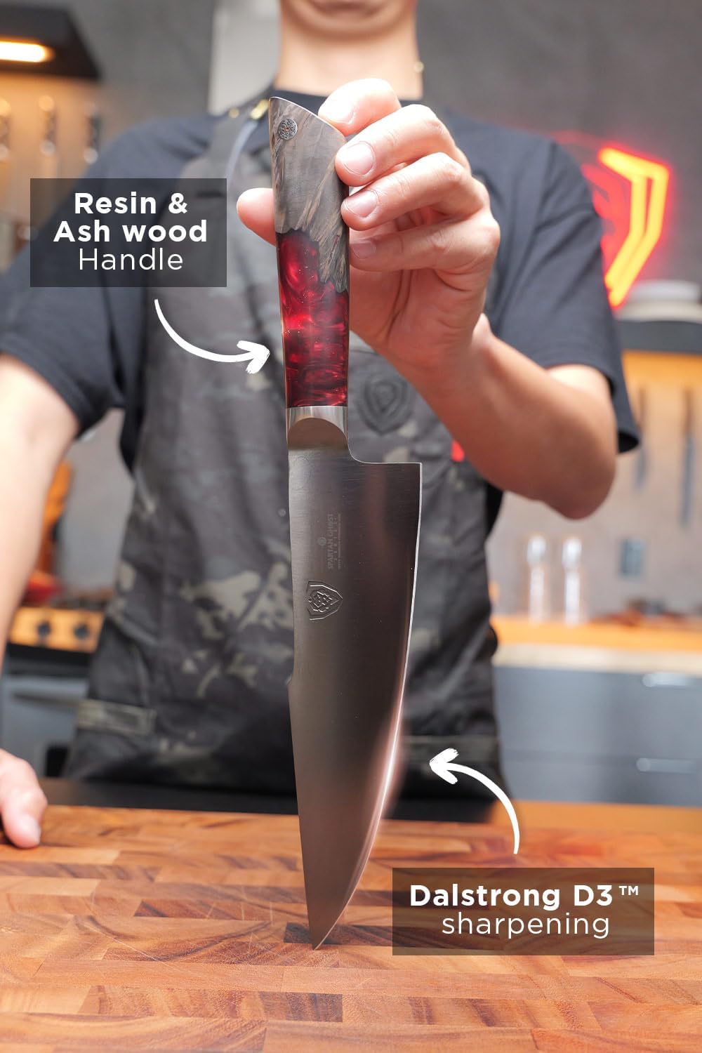 Chef Knife - 8 inch - Spartan Ghost Series - American Forged S35VN Powdered Steel Kitchen Knife - Maple & Red Resin Handle - Razor Sharp Cooking Knife -Sheath Included