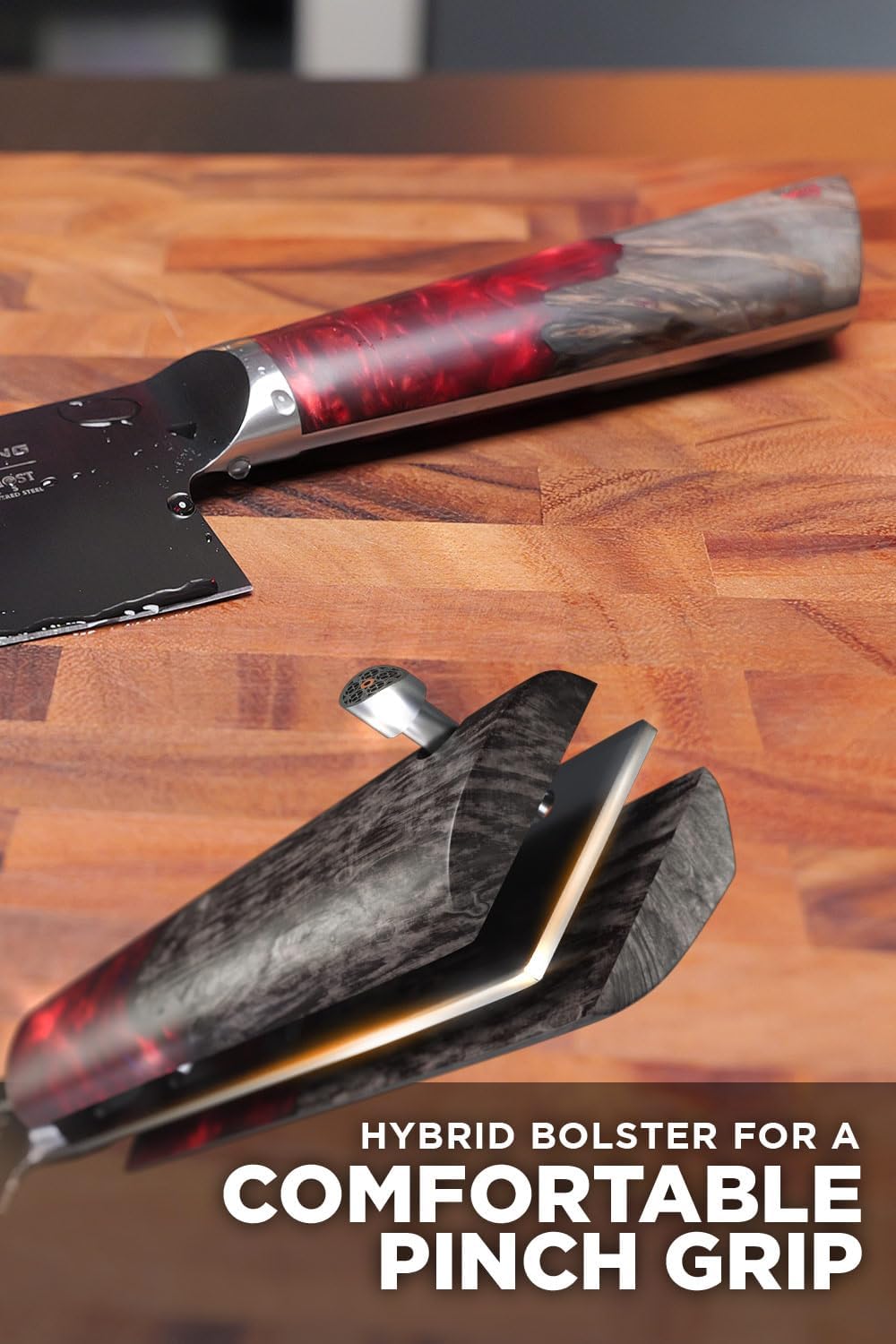 Chef Knife - 8 inch - Spartan Ghost Series - American Forged S35VN Powdered Steel Kitchen Knife - Maple & Red Resin Handle - Razor Sharp Cooking Knife -Sheath Included