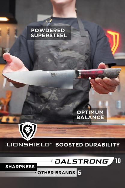 Chef Knife - 8 inch - Spartan Ghost Series - American Forged S35VN Powdered Steel Kitchen Knife - Maple & Red Resin Handle - Razor Sharp Cooking Knife -Sheath Included