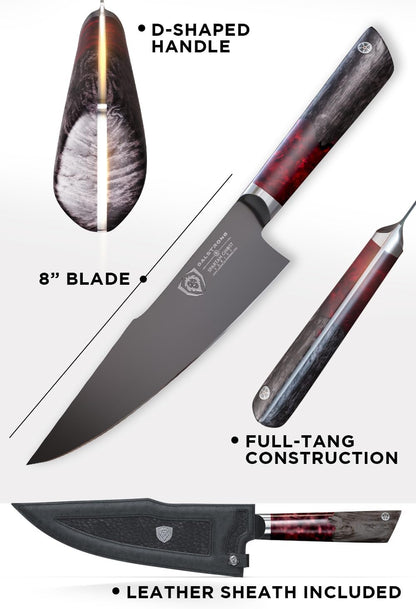 Chef Knife - 8 inch - Spartan Ghost Series - American Forged S35VN Powdered Steel Kitchen Knife - Maple & Red Resin Handle - Razor Sharp Cooking Knife -Sheath Included