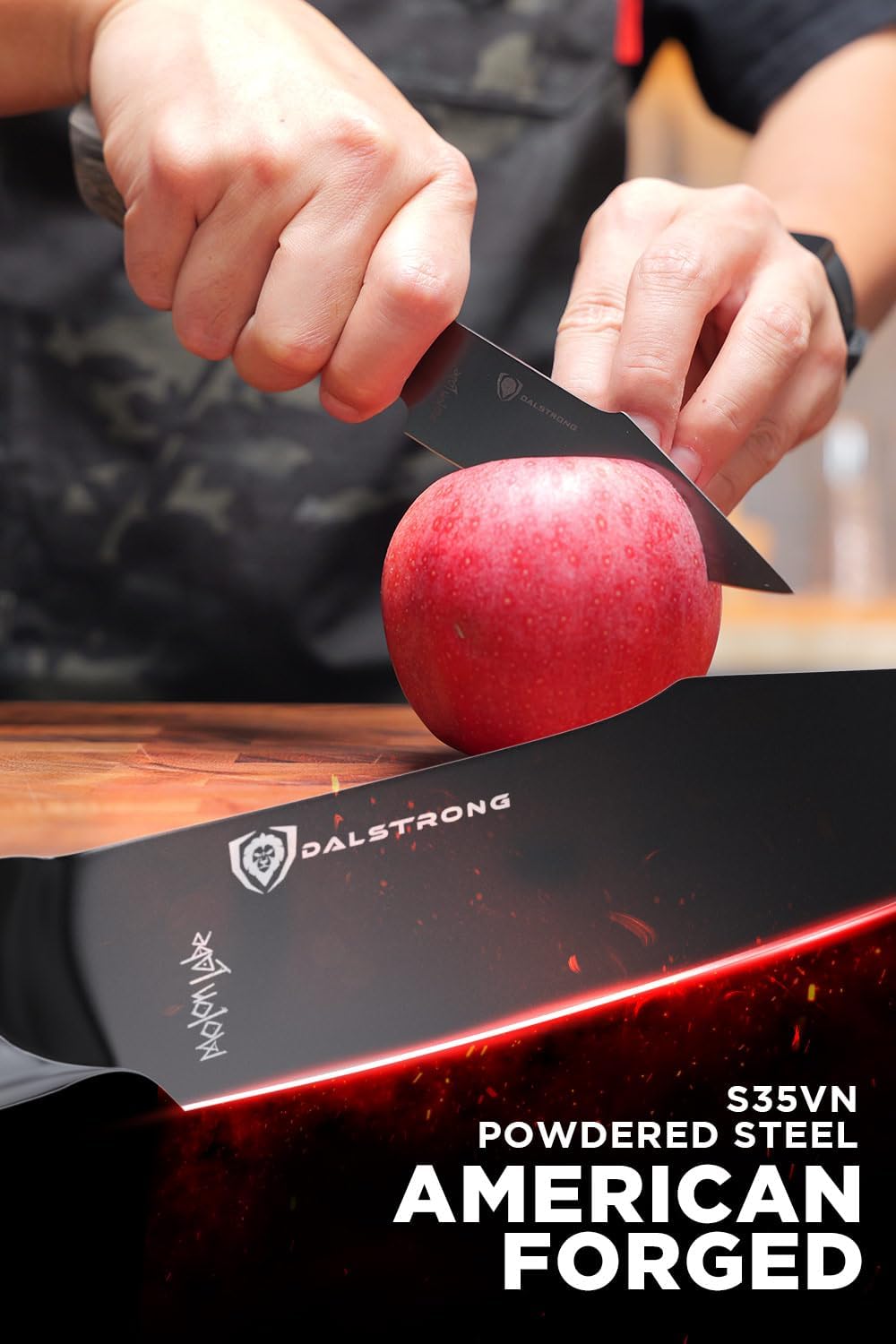 Chef Knife - 8 inch - Spartan Ghost Series - American Forged S35VN Powdered Steel Kitchen Knife - Maple & Red Resin Handle - Razor Sharp Cooking Knife -Sheath Included
