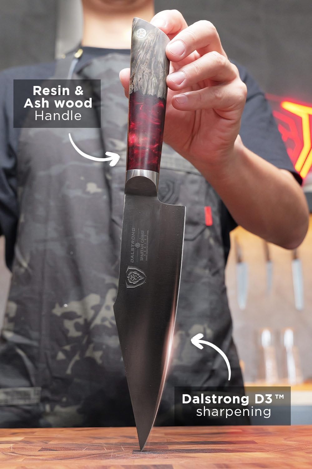 Chef Knife - 8 inch - Spartan Ghost Series - American Forged S35VN Powdered Steel Kitchen Knife - Maple & Red Resin Handle - Razor Sharp Cooking Knife -Sheath Included