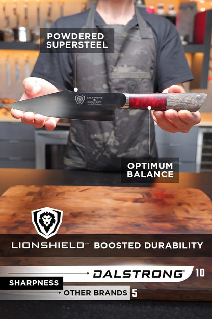 Chef Knife - 8 inch - Spartan Ghost Series - American Forged S35VN Powdered Steel Kitchen Knife - Maple & Red Resin Handle - Razor Sharp Cooking Knife -Sheath Included