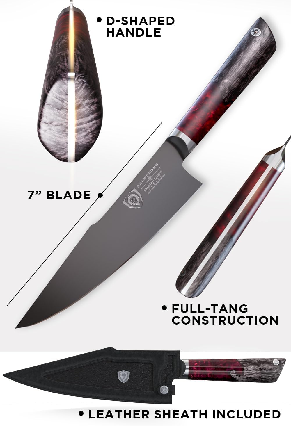 Chef Knife - 8 inch - Spartan Ghost Series - American Forged S35VN Powdered Steel Kitchen Knife - Maple & Red Resin Handle - Razor Sharp Cooking Knife -Sheath Included