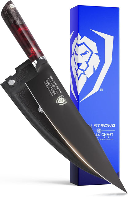 Chef Knife - 8 inch - Spartan Ghost Series - American Forged S35VN Powdered Steel Kitchen Knife - Maple & Red Resin Handle - Razor Sharp Cooking Knife -Sheath Included