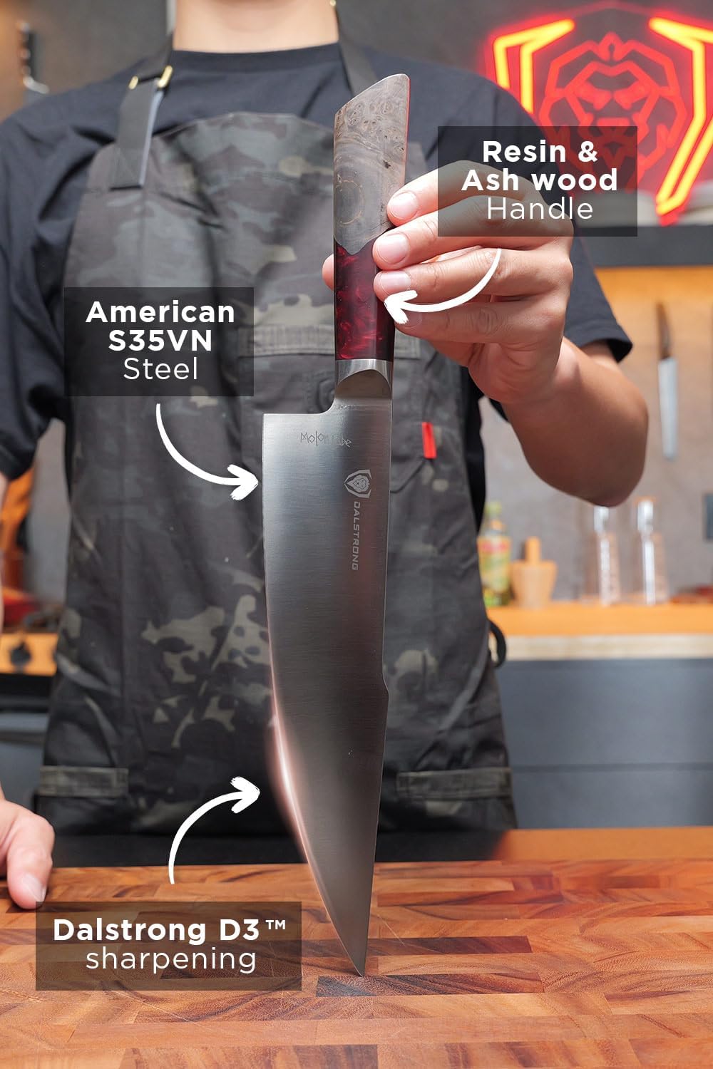 Chef Knife - 8 inch - Spartan Ghost Series - American Forged S35VN Powdered Steel Kitchen Knife - Maple & Red Resin Handle - Razor Sharp Cooking Knife -Sheath Included