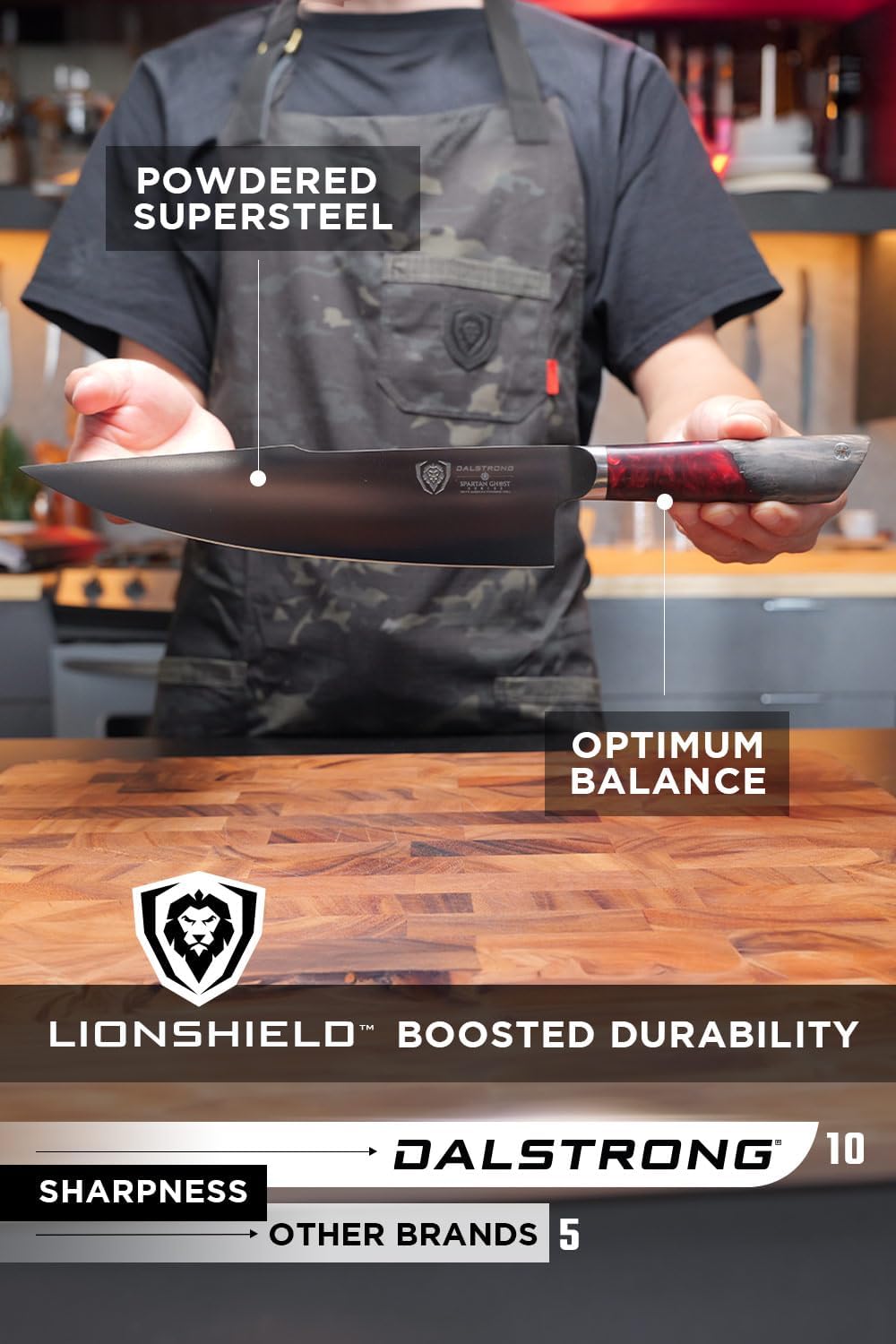 Chef Knife - 8 inch - Spartan Ghost Series - American Forged S35VN Powdered Steel Kitchen Knife - Maple & Red Resin Handle - Razor Sharp Cooking Knife -Sheath Included