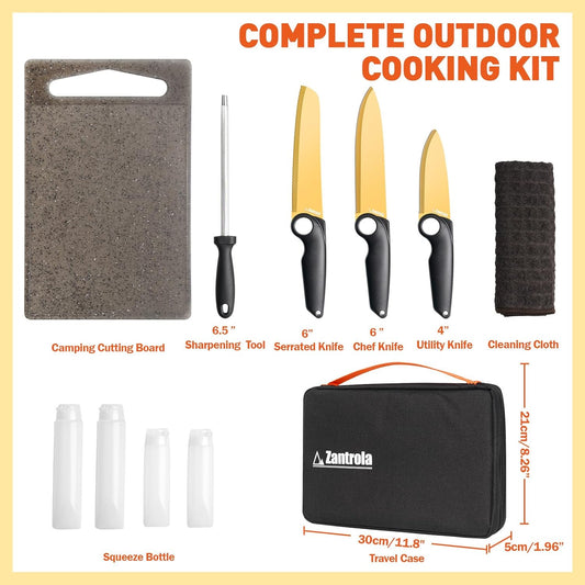 Outdoor Santoku Knife Set – 3 Titanium-Coated Knives with Grip Ring Handles, Sharpener, Cutting Board, Seasoning Bottles & Travel Case – Portable BBQ, RV & Beach Cooking Kit