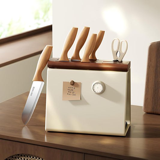 Universal Knife Block Holder, Modern Cream Metal & Beech Wood Knife Block Without Knives, 6 Slot Kitchen Knife Storage Organizer with Water-Absorbing Diatom Pad for Kitchen