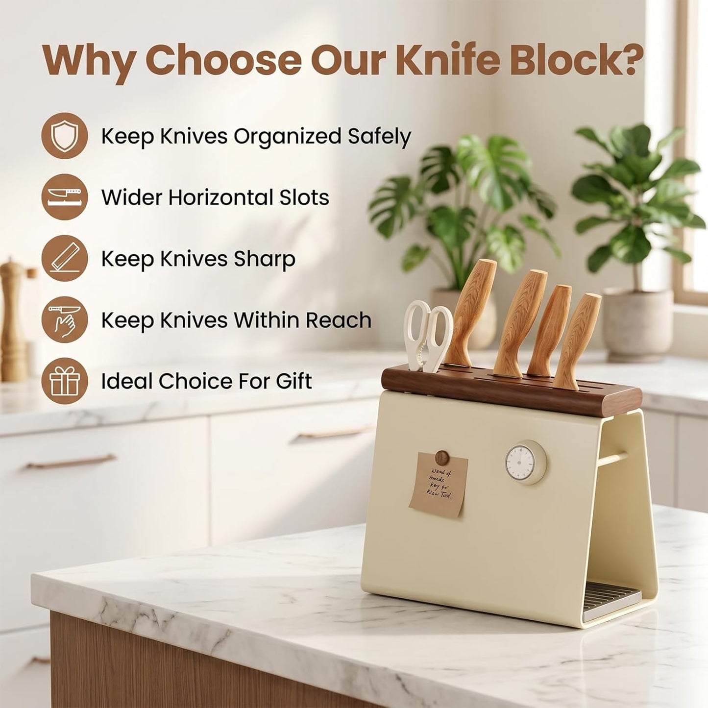 Universal Knife Block Holder, Modern Cream Metal & Beech Wood Knife Block Without Knives, 6 Slot Kitchen Knife Storage Organizer with Water-Absorbing Diatom Pad for Kitchen