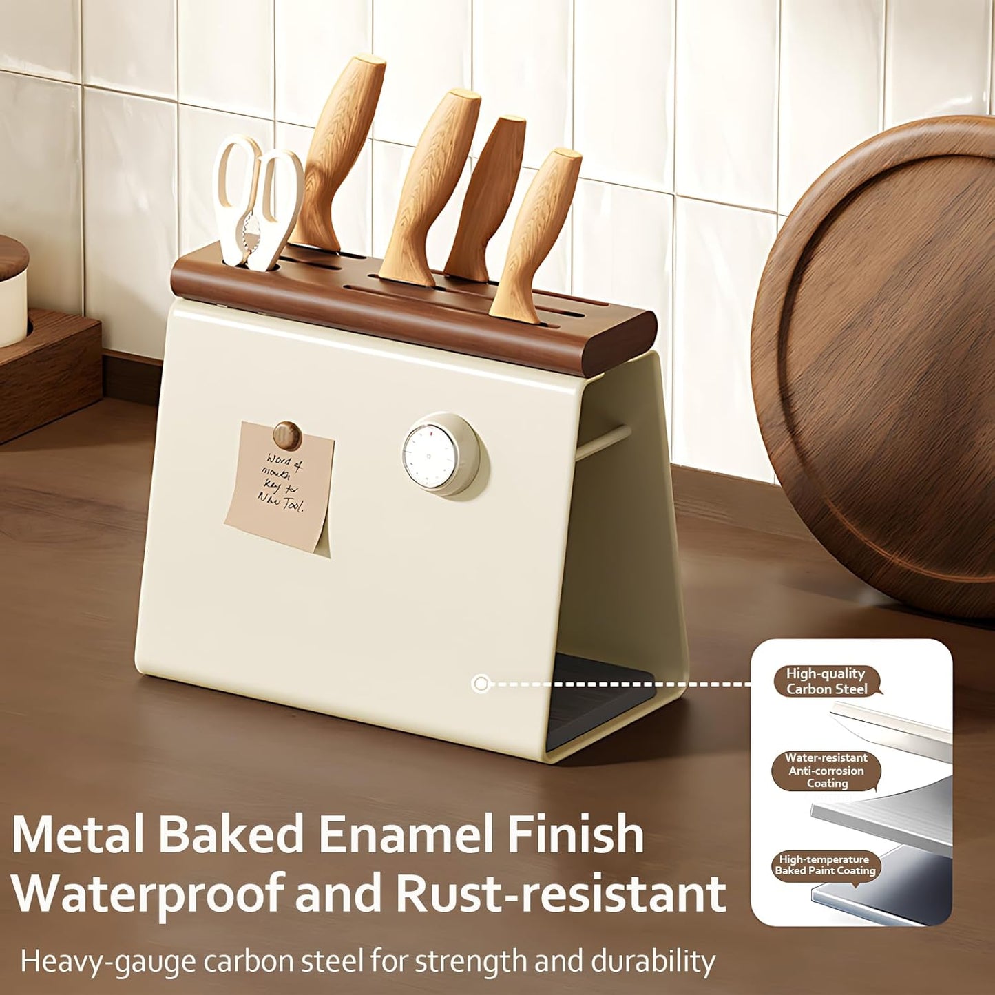 Universal Knife Block Holder, Modern Cream Metal & Beech Wood Knife Block Without Knives, 6 Slot Kitchen Knife Storage Organizer with Water-Absorbing Diatom Pad for Kitchen