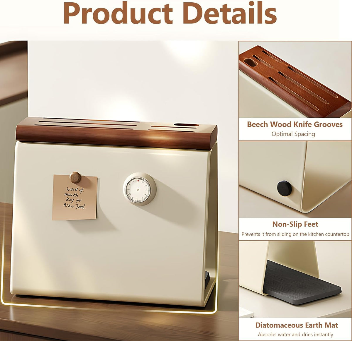 Universal Knife Block Holder, Modern Cream Metal & Beech Wood Knife Block Without Knives, 6 Slot Kitchen Knife Storage Organizer with Water-Absorbing Diatom Pad for Kitchen